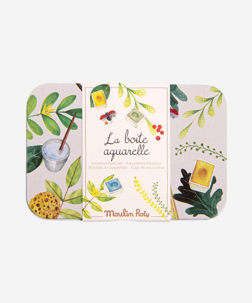 MOULIN ROTY  Product description Metal tin with 24 watercolours in vibrant colours, a brush that can be filled with water and a sponge. The tin can also be used as a palette to create blends of colours. The ideal kit for nature-loving artists!