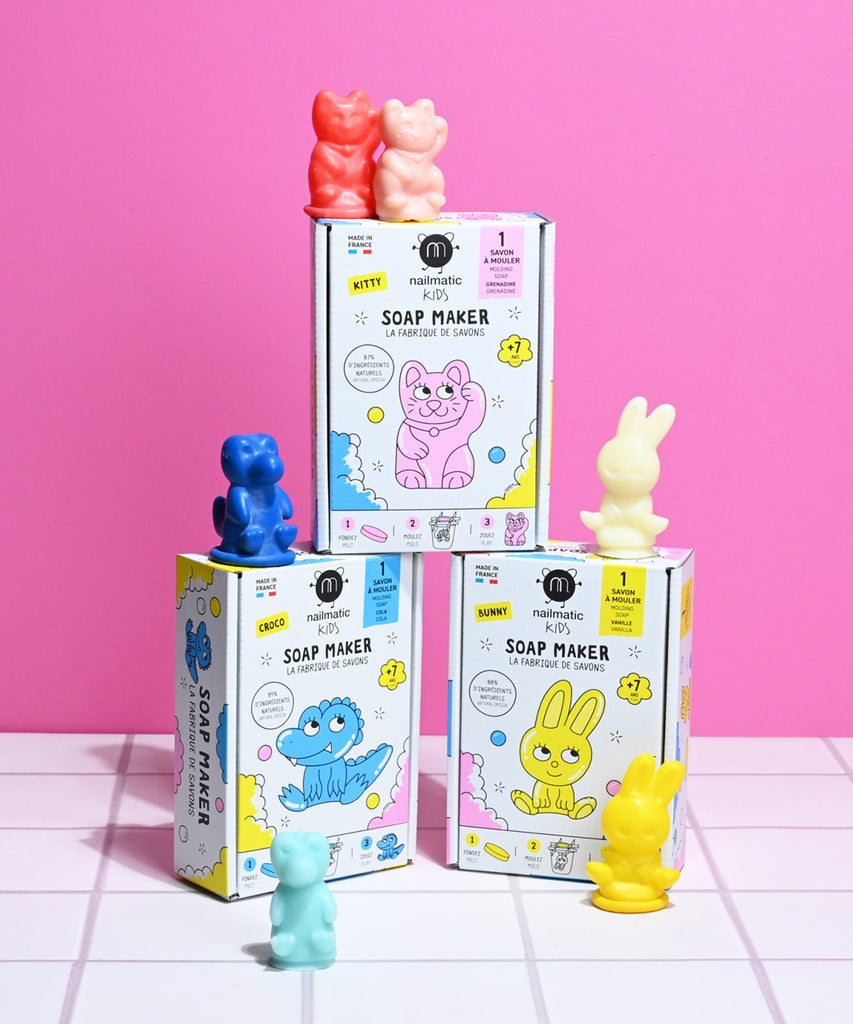 Nailmatic  Preservative-free, Vegan, Cruelty-free.  With Soap maker, you can create 3 pretty cute soaps, in shapes of cat, rabbit and crocodile. How does it work? Easy soapy: melt, mold, unmold. Or how to keep little monsters happily busy and eager to get clean!